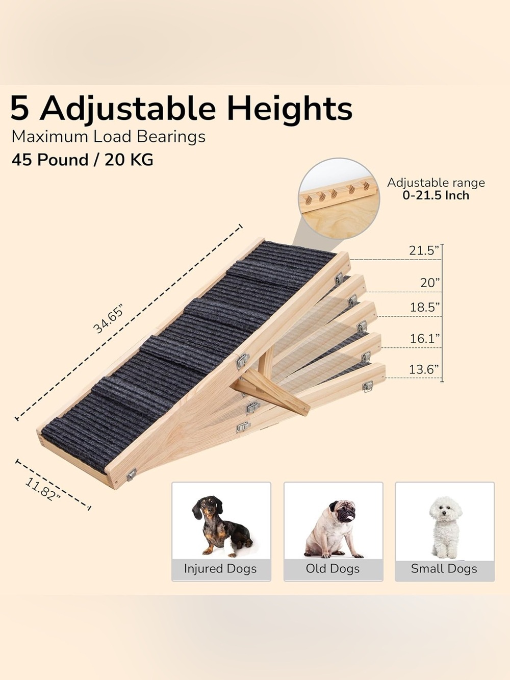 (NEW) Wooden Adjustable Height Dog Ramp  - USIA for small, medium and large dogs